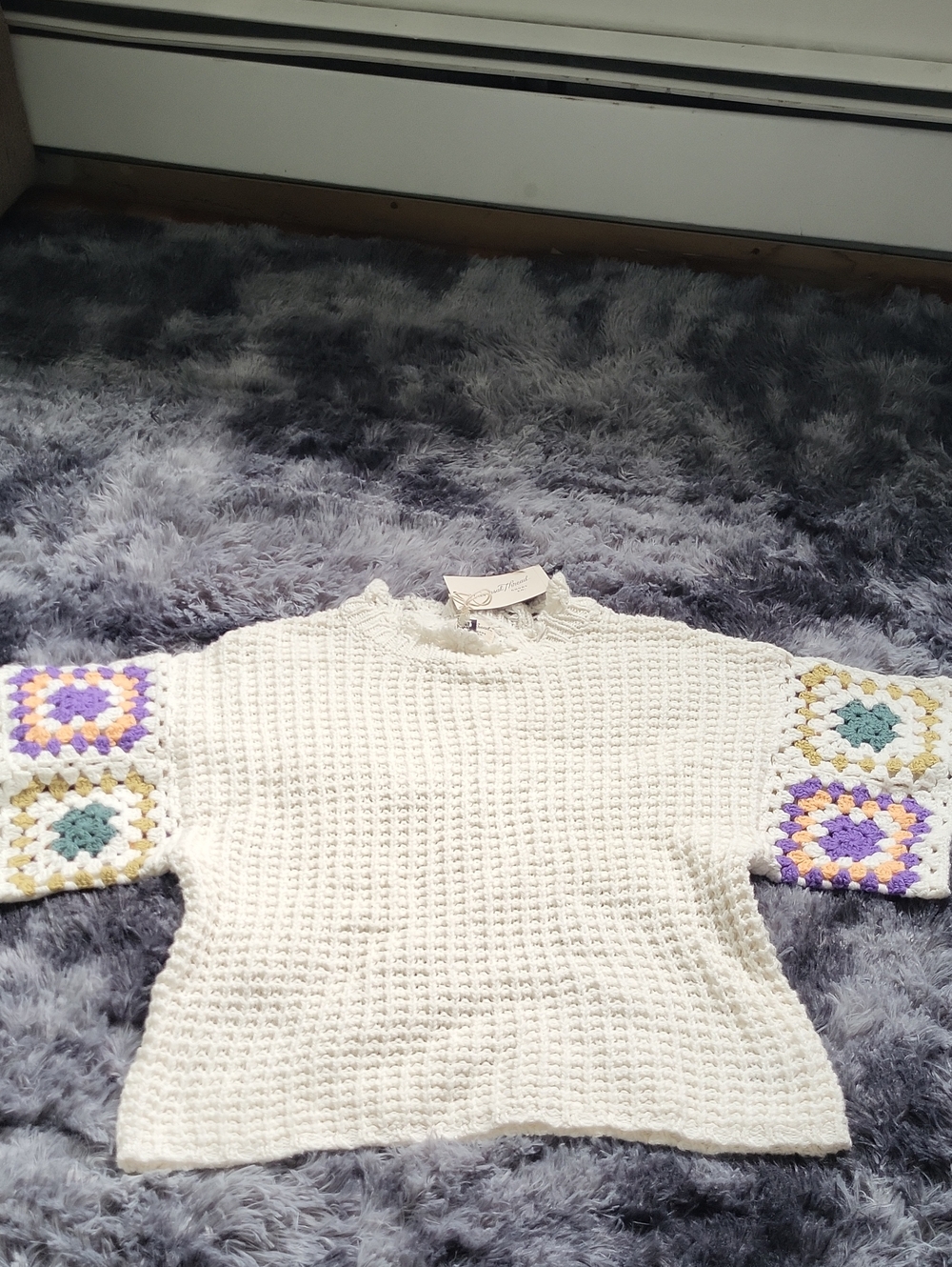 NWT Universal Thread Women’s Cream Crochet Knit Sweater with Colorblock Sleeves